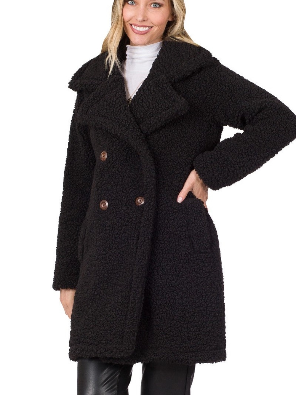 Zenana Outfitters Black Teddy Double-Breasted Coat
